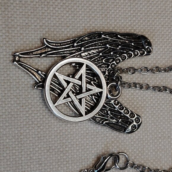 Silver Tone Pentagram Angel Wing Necklace 20" - Picture 6 of 6